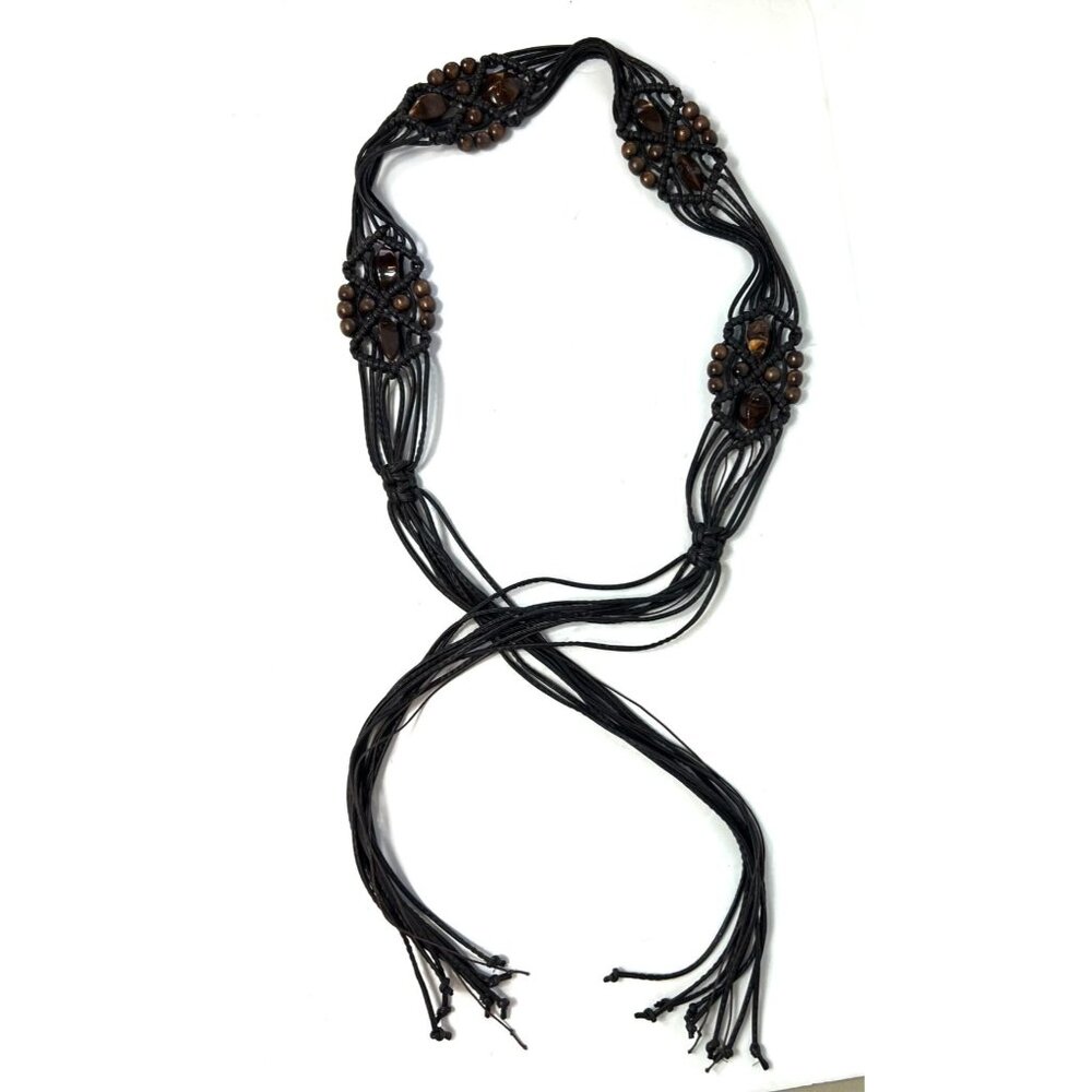 Boho Macrame Bead & Tassel Belt Brown Leather 70"L Adjustable Accessory
